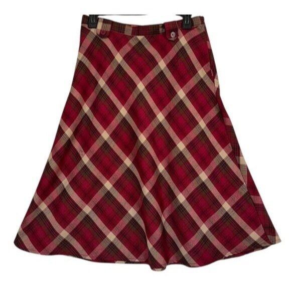 Christopher & Banks Pink Brown Purple Plaid Midi A-Line Knit Blend Skirt Size 6 - Picture 1 of 11